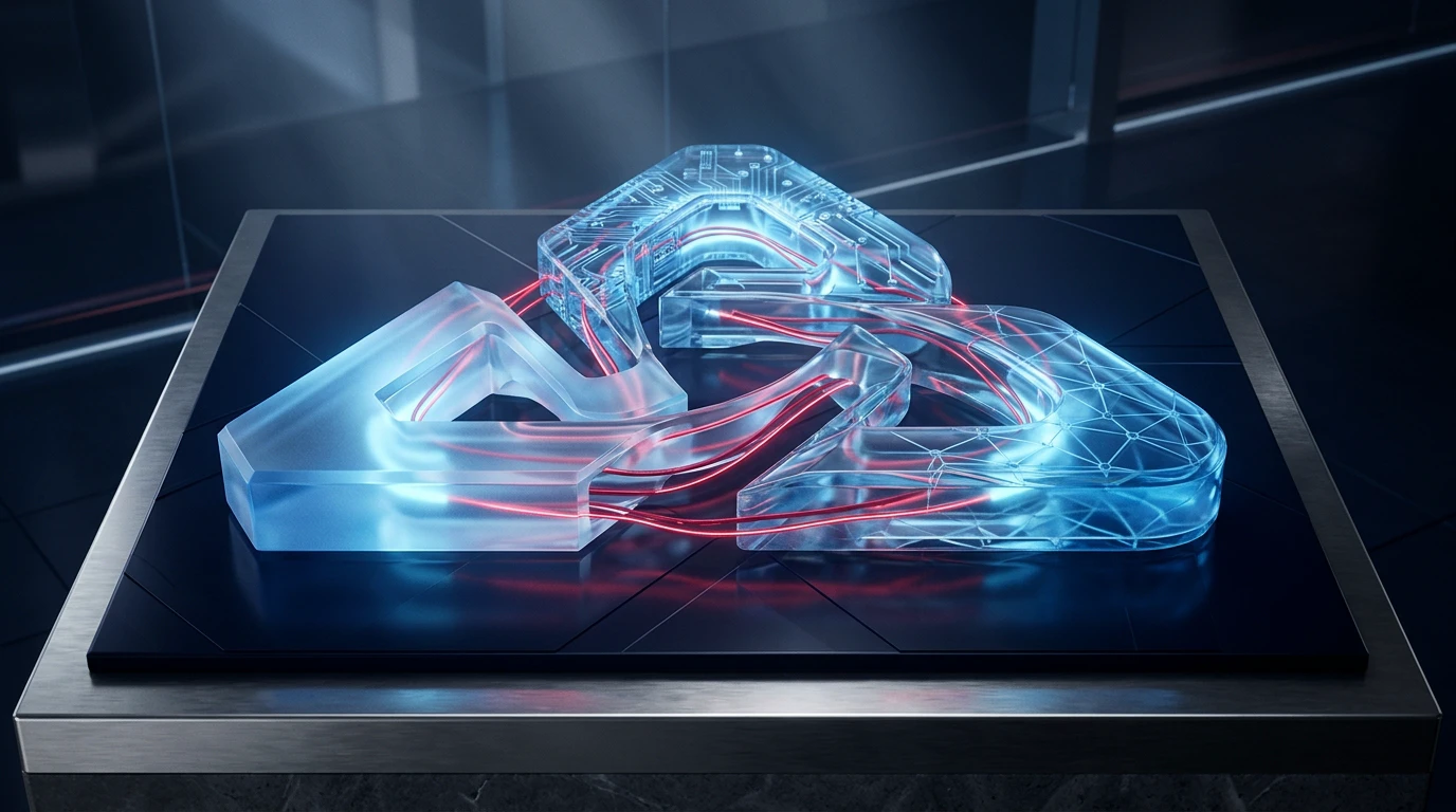 Three interlocking translucent panels representing consulting, technology, and managed services