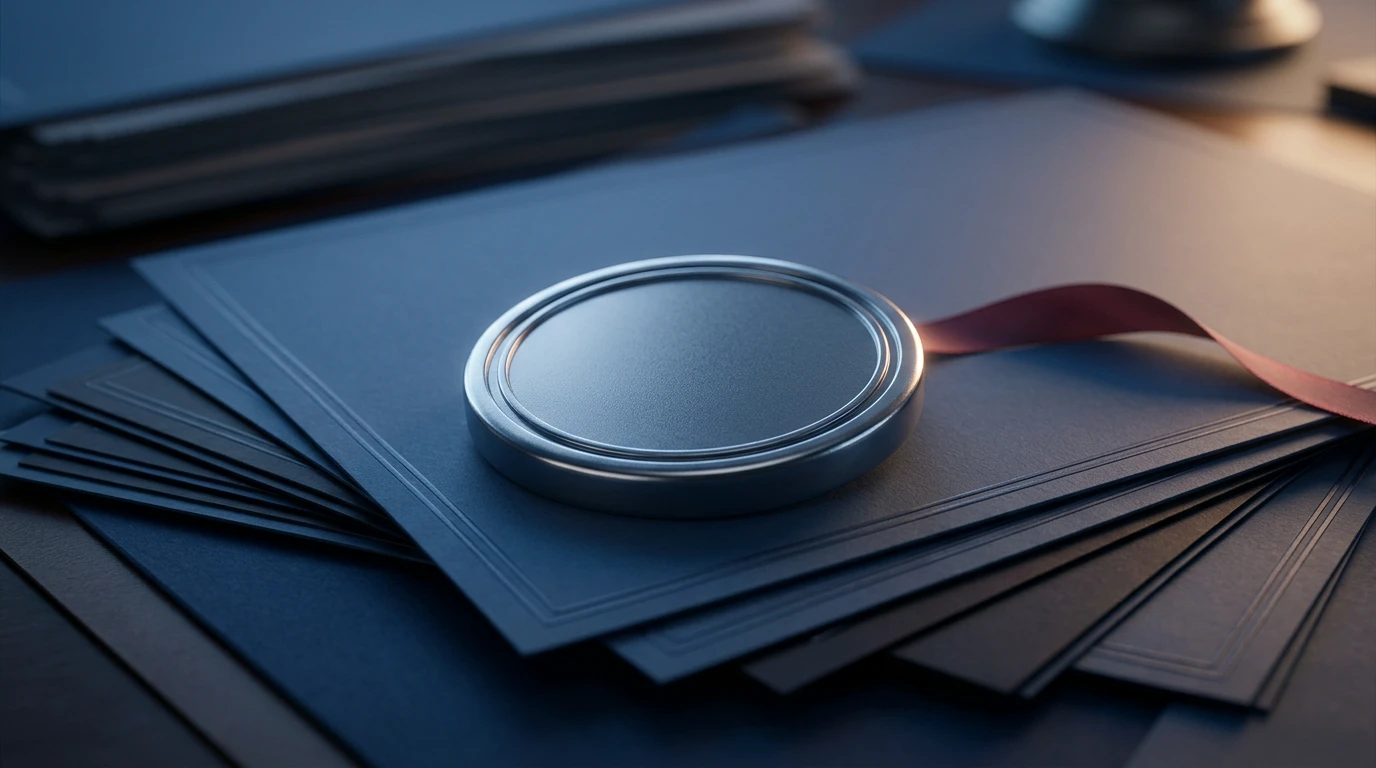 Polished navy medallion resting on layered documents with a crimson ribbon accent