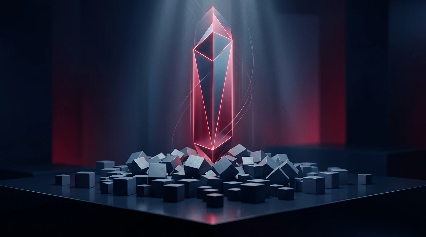 Abstract illustration of a luminous pillar rising above muted cubes, representing differentiation