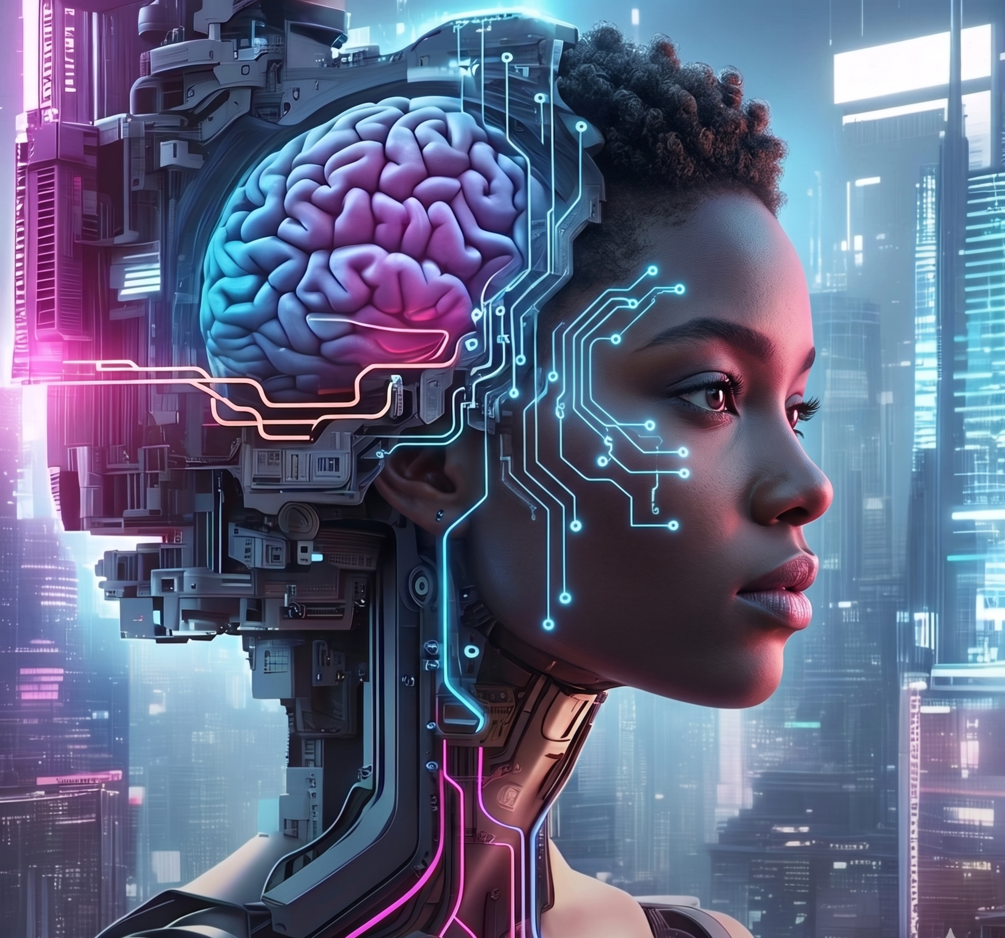 Conceptual portrait of an AI-augmented mind