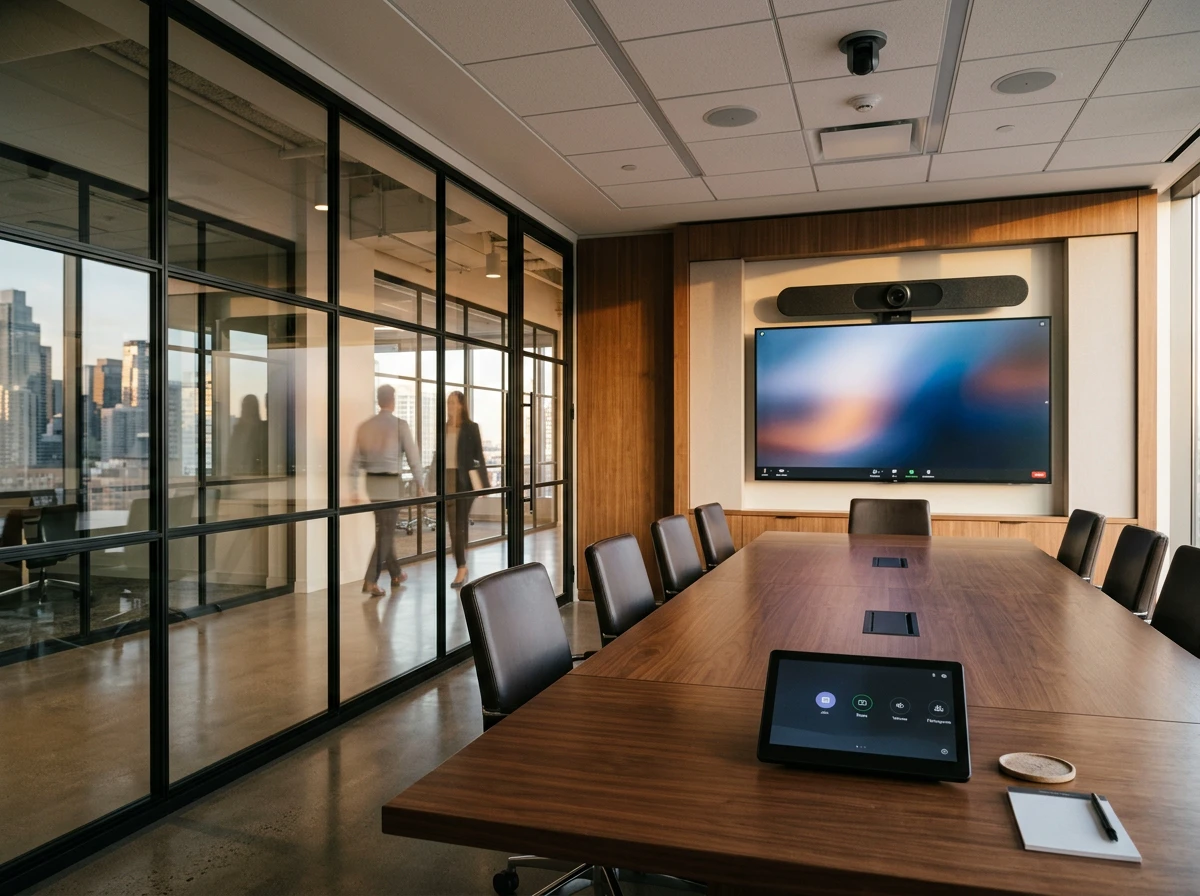 Modern conference room with display, camera bar, and control panel
