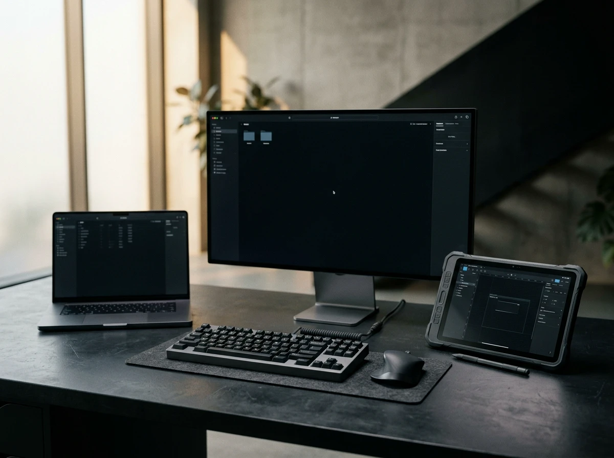 Modern workstation with laptop, monitor, keyboard, and tablet