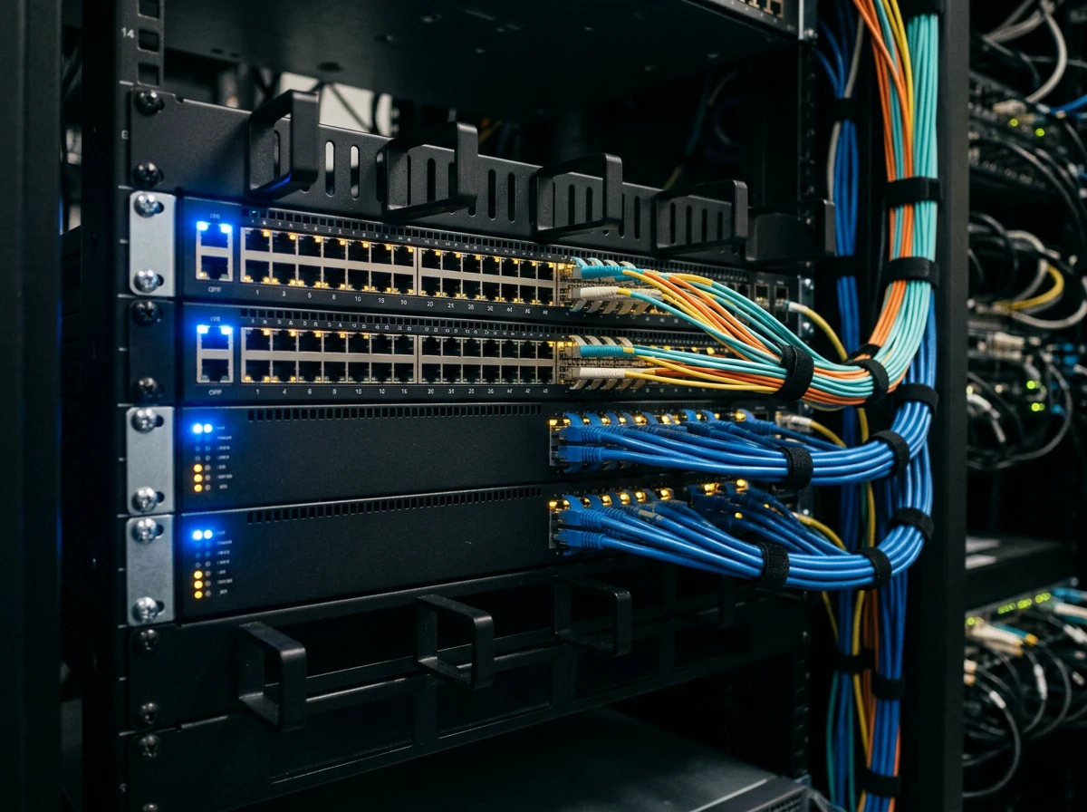 Enterprise network switches and fiber cabling in a server rack